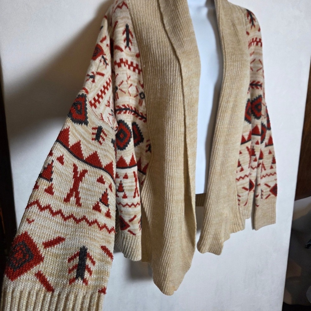 Roxy Womens Aztec Boho Shawl Collar Open Front Cardigan Sweater Tan Rust Medium